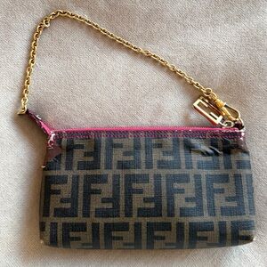 Fendi Black and Gold Logo Wristlet shoulder mini chain bag pink